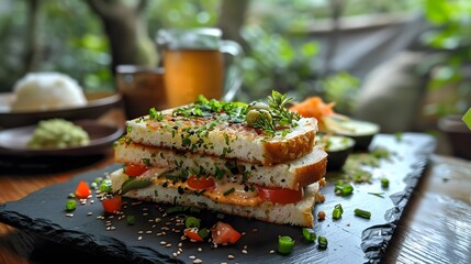 Artfully Stacked Savory Breakfast Toast with Fresh Herbs and Garden Greens
