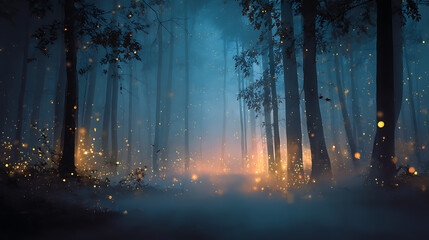 Magical fairy tale forest landscape background with fog and glowing lights © CreativeCreations