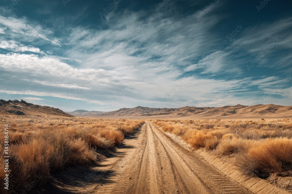 Poster Expansive Desert Road Stretching Into the Horizon Under a Vast Open Sky With Shadows Cast by Clouds Generative AI