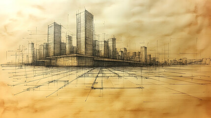 Sepia-toned architectural sketch depicting a futuristic cityscape, rendered with meticulous linework and perspective, suggesting urban planning or a design concept