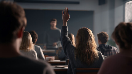 Rear view of students and one of the students in the audience has hand raised up high to ask a question to teacher during classroom, Student raises hand and asks lecturer a question