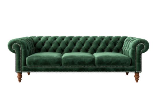 Luxurious emerald green velvet Chesterfield sofa elegantly tufted with button detailing sits against a on transparent background