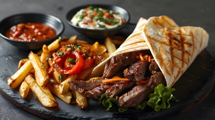 Delicious Grilled Steak Wrap Platter with Crispy Fries and Zesty Dips
