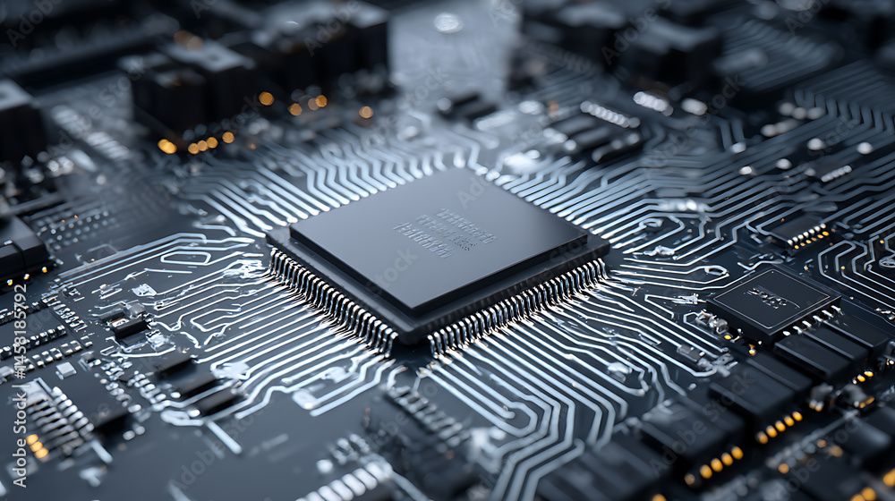 Poster Microchip with circuits on computer motherboard