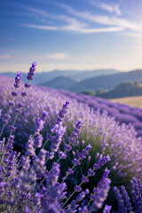Obraz premium Lavender field against backdrop of hills and blue sky with few clouds on horizon