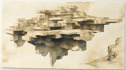 A sepia-toned drawing depicts a fantastical, floating city composed of numerous cubic structures, resembling a complex, layered archipelago in the sky, near a cliff edge