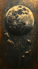 A textured metallic sculpture depicting a celestial body, possibly a planet or moon, suspended by a thin line with smaller orbiting bodies around it