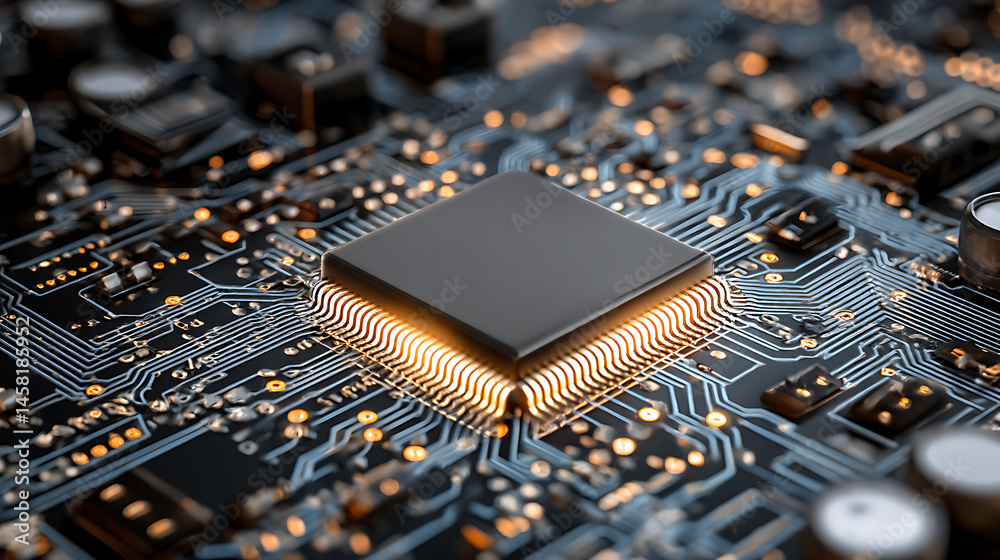 Poster Microchip with circuits on computer motherboard