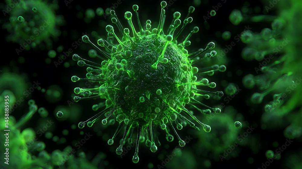 Poster microscopic view of green virus particle with spikes, biological and scientific concept