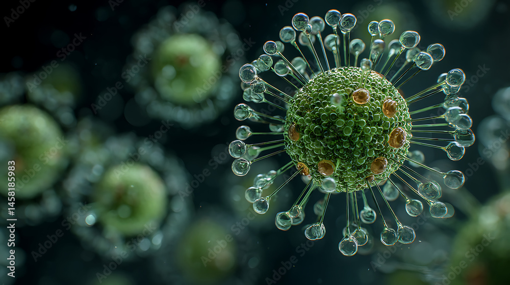 Poster microscopic view of green virus particle with spikes, biological and scientific concept