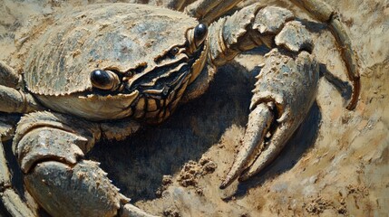 Naklejka premium Close-up view of a large crab resting on sandy ground.