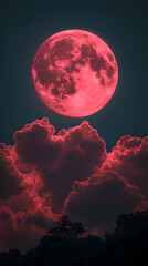 Obraz premium Crimson moon dramatically emerges from behind a sea of crimson clouds against a dark night sky