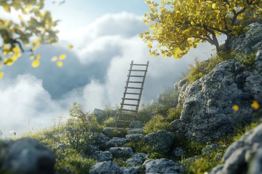 surreal vision of upward ladder disappearing into sky, high-res 3d render