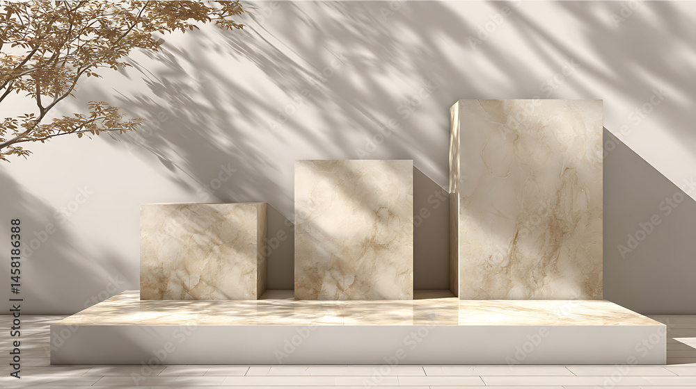 Poster three beige marble platforms with shadow from tree foliage on the wall, background for presentation