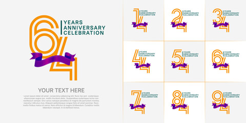 Anniversary logo type set with double line number. orange and green color with purple ribbon for celebration event
