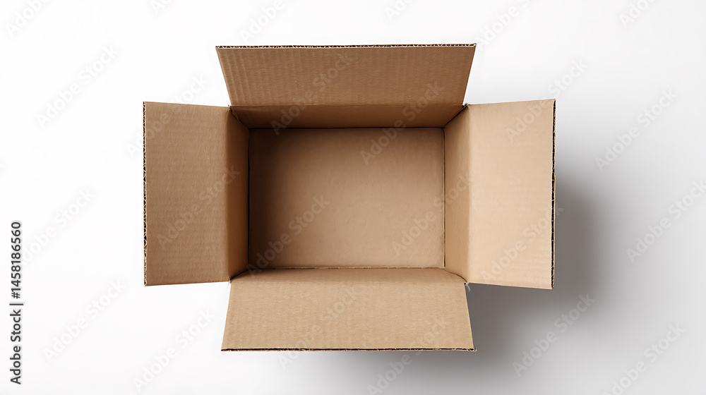 Poster top view open cardboard box on white background