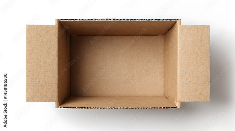 Poster top view open cardboard box on white background