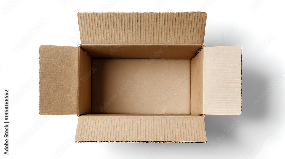 Poster top view open cardboard box on white background