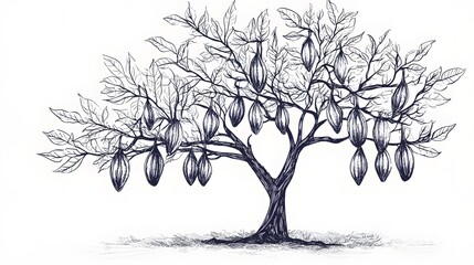 Detailed illustration of a cacao tree laden with pods.