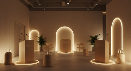 Modern Conference Room with Podiums and Ambient Lighting Event Space