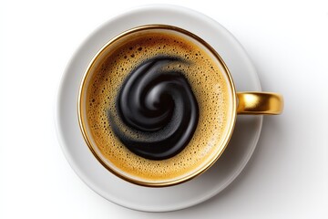 Rich and aromatic dark coffee with a mesmerizing swirl pattern in a golden-rimmed cup surrounded by a minimalist white plate creating an elegant breakfast setting