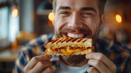 Gleeful Indulgence: A Man's Pure Joy While Savoring a Perfectly Grilled Cheese Sandwich

