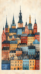Obraz premium A watercolor painting of a European city skyline, showcasing a dense cluster of colorful buildings with varied architectural styles and numerous spires