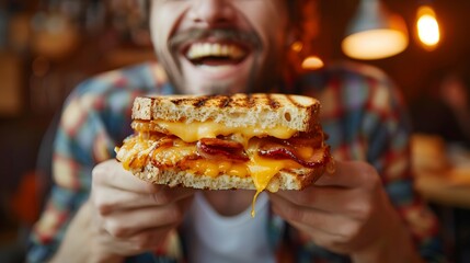 Gleeful Indulgence: A Man's Pure Joy While Savoring a Perfectly Grilled Cheese Sandwich

