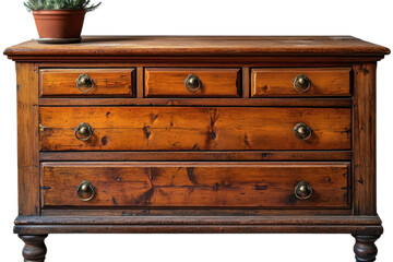Rustic antique wooden dresser with five drawers rich warm tones and brass knobs against a black on transparent background