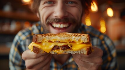 Gleeful Indulgence: A Man's Pure Joy While Savoring a Perfectly Grilled Cheese Sandwich

