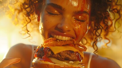 Overwhelmed by Flavor: A Woman's Ecstatic Moment with a Messy, Delicious Burger

