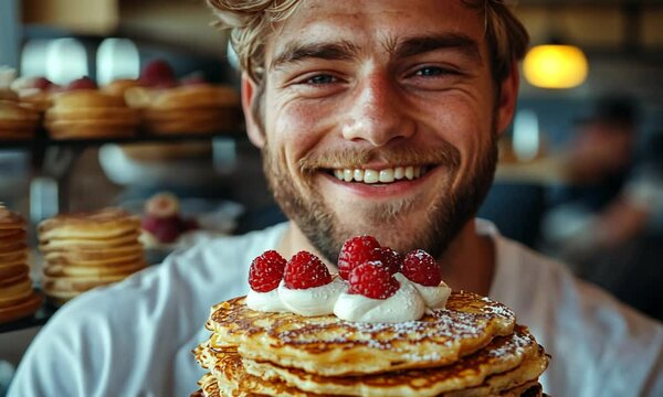 A joyful young man holding a stack of pancakes topped with raspberries and whipped cream in a bustling caf&eacute;
