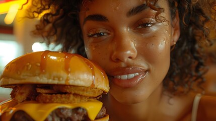 Overwhelmed by Flavor: A Woman's Ecstatic Moment with a Messy, Delicious Burger

