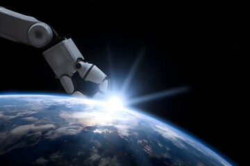 A robot is reaching out to touch the surface of the Earth