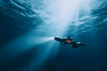 A futuristic submarine is flying through the ocean