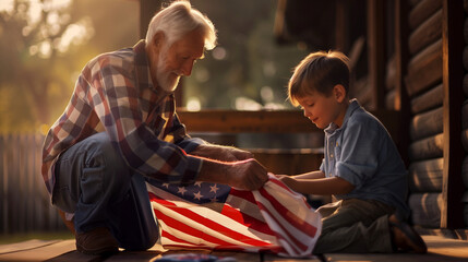 Grandfather Passing Down Flag Tradition to Grandchild: Elderly man teaching grandchild to fold flag showing tradition, respect, heritage, love and patriotism