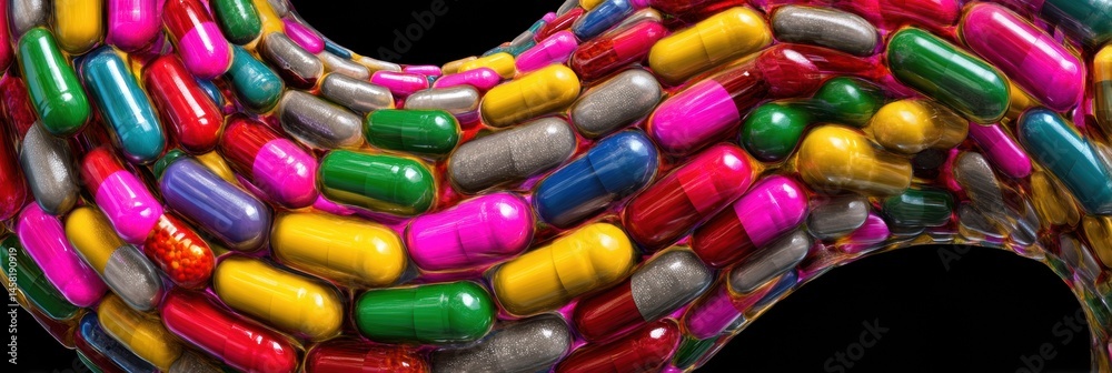 Poster vivid swirling tornado of capsules in a colorful mix creating a mesmerizing visual effect generative