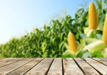 Wooden table top on blur corn field and mountain background in daytime.Harvest corn or whole wheat.For montage product display or design key visual layout.View of copy space.