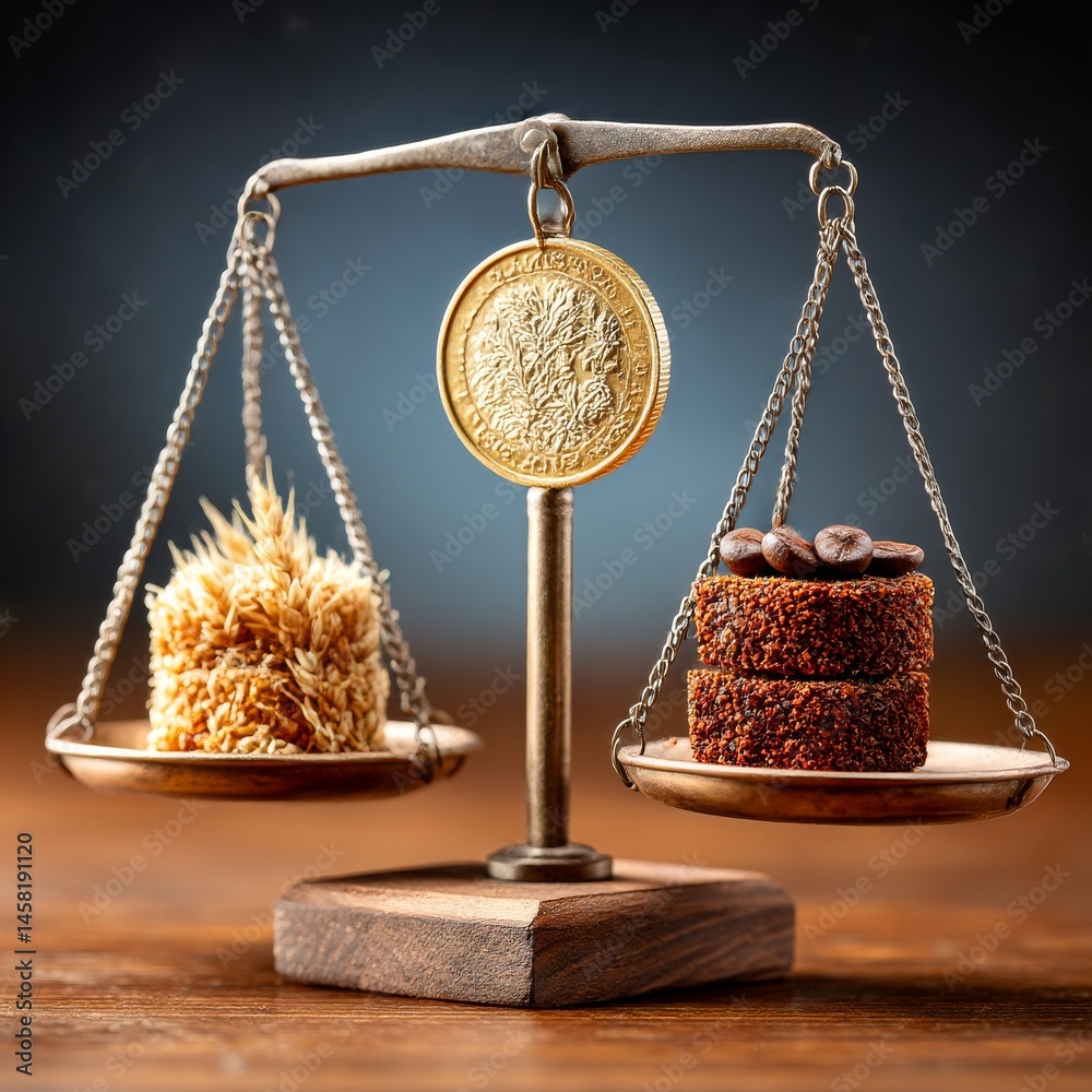 Poster Balancing Act: A symbolic representation of the value of wheat versus coffee, all weighed with a golden coin.