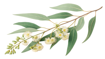 eucalyptus branch with flowers isolated on white transparent background PNG