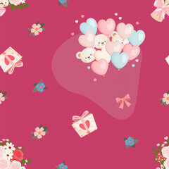 Seamless vector pattern with teddy bear balloons, heart shaped pastel balloons, gift boxes and flower bouquets. Raspberry background. Ideal for wrapping paper, Valentines Day and kids products