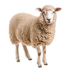 Fototapeta premium Fluffy sheep standing calmly on an isolated transparent background, showcasing its soft wool fleece during daylight, Sheep on isolated transparent background