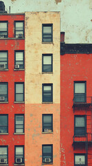 Naklejka premium Two adjacent buildings, one red and one pale orange, featuring multiple windows and air conditioners