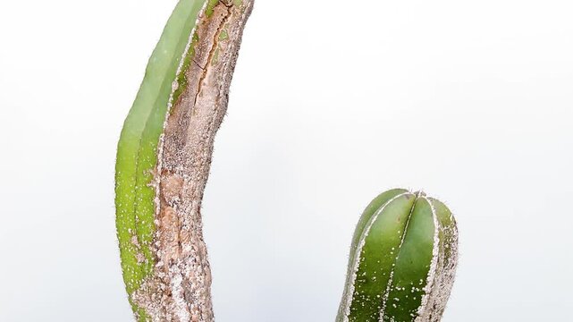 Close-up of mealybug infestation on Lophocereus cactus stem isolated on white background
