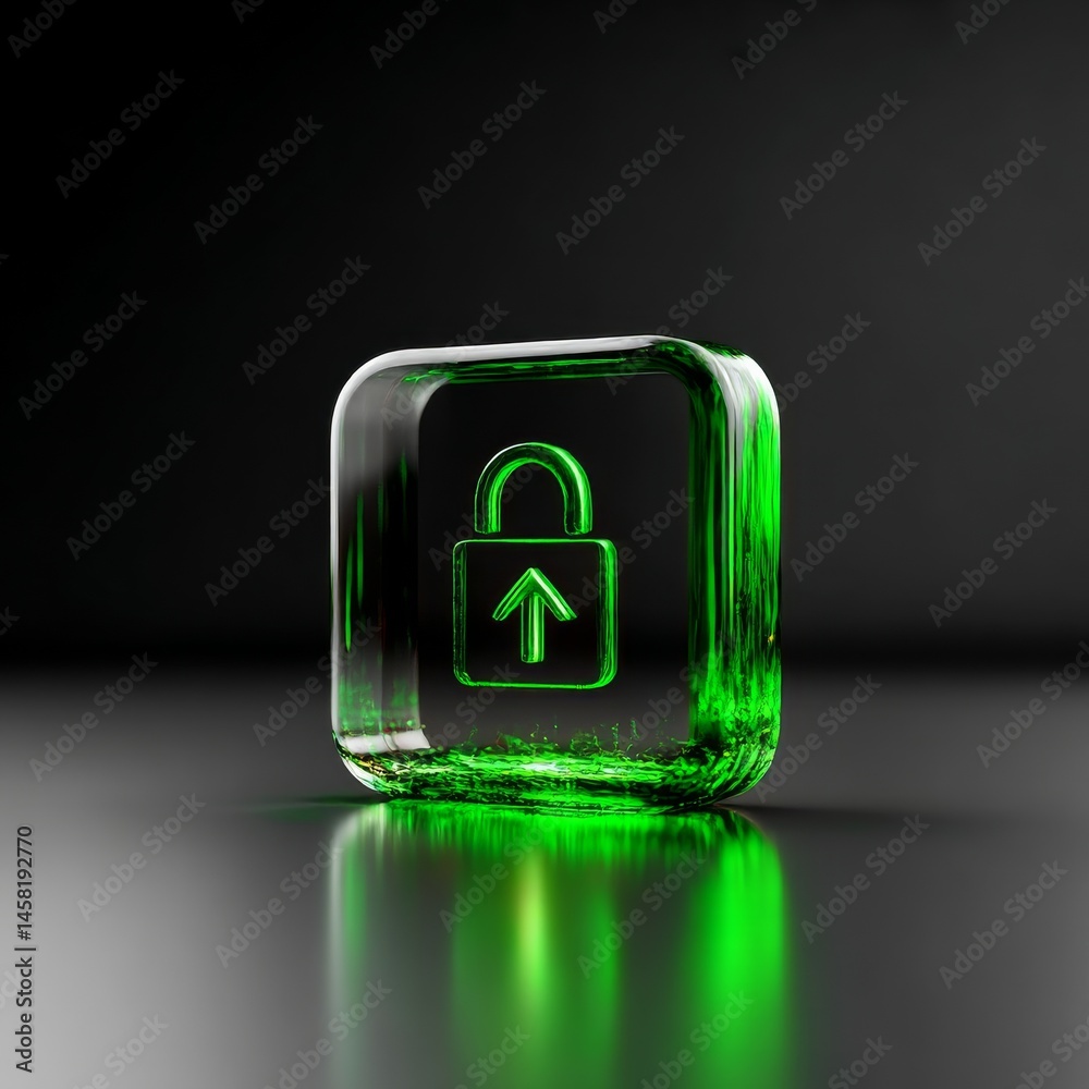 Fototapete glowing green security: a glass padlock icon with upward arrow for data encryption and access
