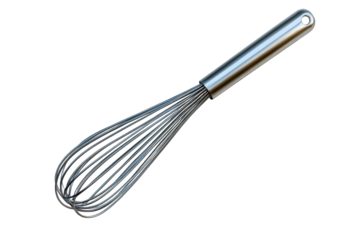 Sleek silver whisk on black background perfect for baking and cooking A professional kitchen essential on transparent background
