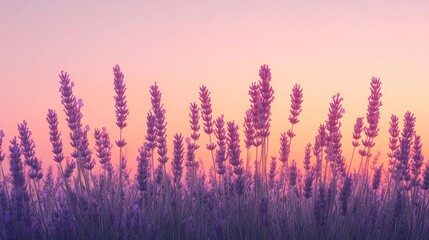 Fototapeta premium Lavender Field at Sunset with Peach and Lavender Gradient Sky