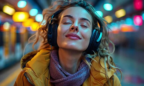 young woman listening music