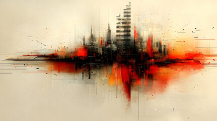 Abstract cityscape painting in red, black, and beige, featuring a stylized city skyline reflected in a vibrant, energetic wash of color