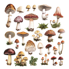 A diverse collection of retro vintage mushrooms in various sizes and colors on a transparent background, Various types of retro vintage mushroom big transparent background